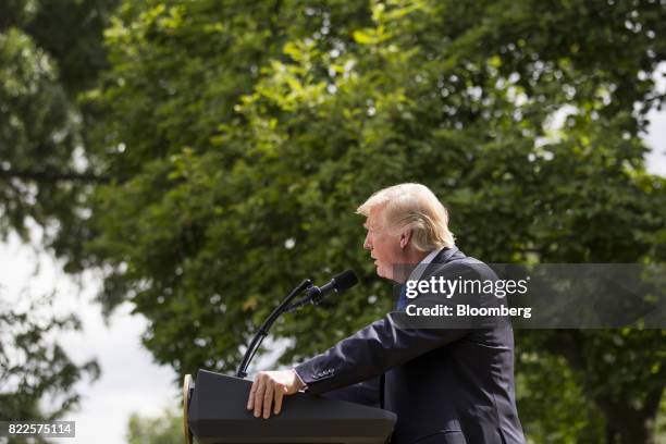 President Donald Trump speaks during a joint press conference with Saad Hariri, Lebanon's prime minister, not pictured, in the Rose Garden of the...