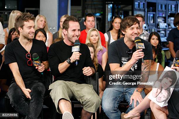 Musicians Sebastien Lefebvre, Chuck Comeau and Pierre Bouvier of Simple Plan visit MuchOnDemand at MuchMusic HQ on August 11, 2008 in Toronto,...