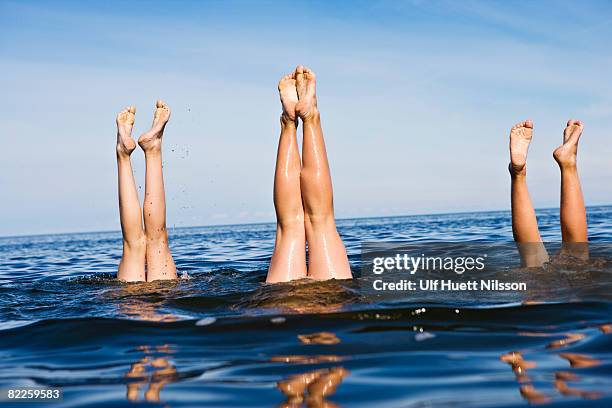 three pair of legs in the water sweden. - older woman legs - fotografias e filmes do acervo