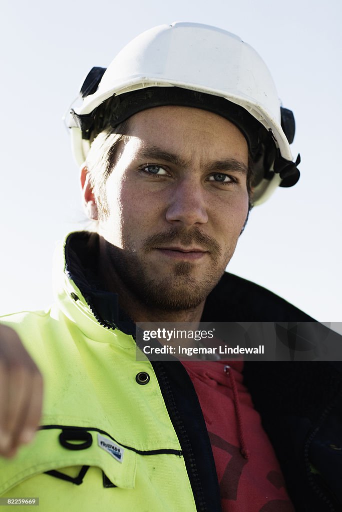 A building worker at a building site Sweden.