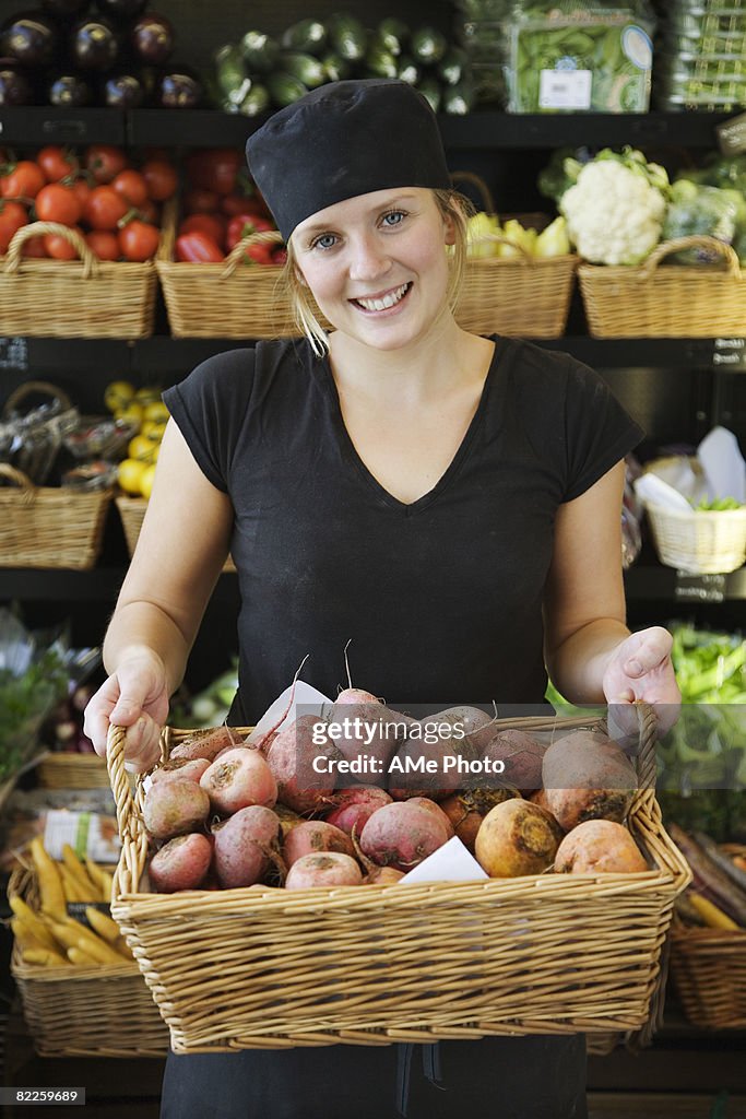 Portrait of a female greengrocer Sweden.