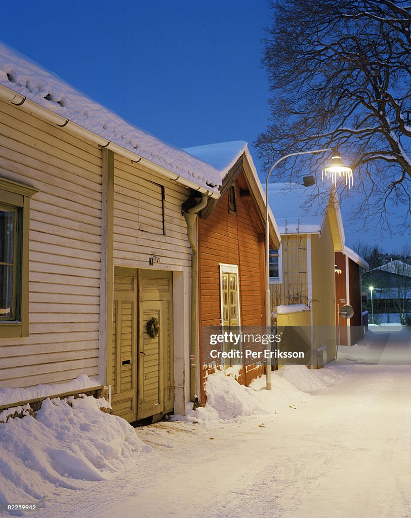 Snow covered houses Sweden.