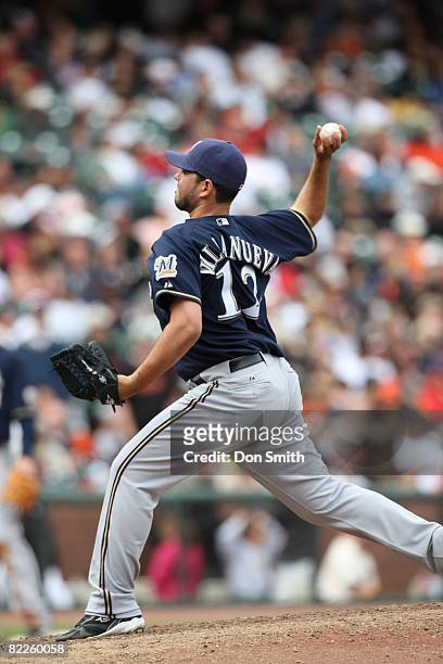 Carlos Villanueva of the Milwaukee Brewers pitches during the game against the San Francisco Giants at AT&T Park in San Francisco, California on July...