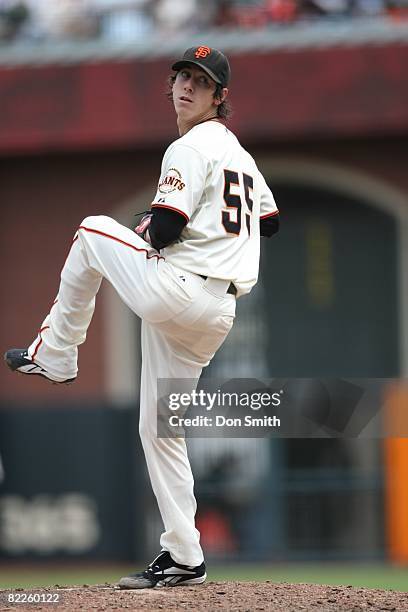 Tim Lincecum of the San Francisco Giants pitches during the game against the Milwaukee Brewers at AT&T Park in San Francisco, California on July 20,...