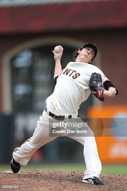 Tim Lincecum of the San Francisco Giants pitches during the game against the Milwaukee Brewers at AT&T Park in San Francisco, California on July 20,...