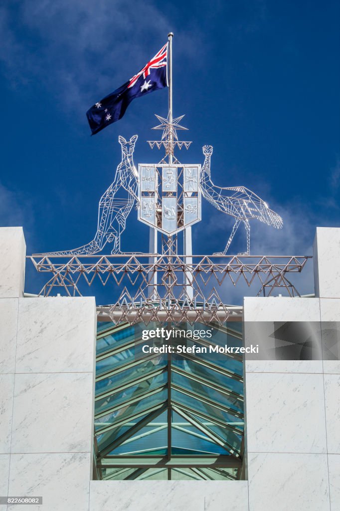 Australian Flag and Coat Of Arms Parliament House, Canberra, Australia