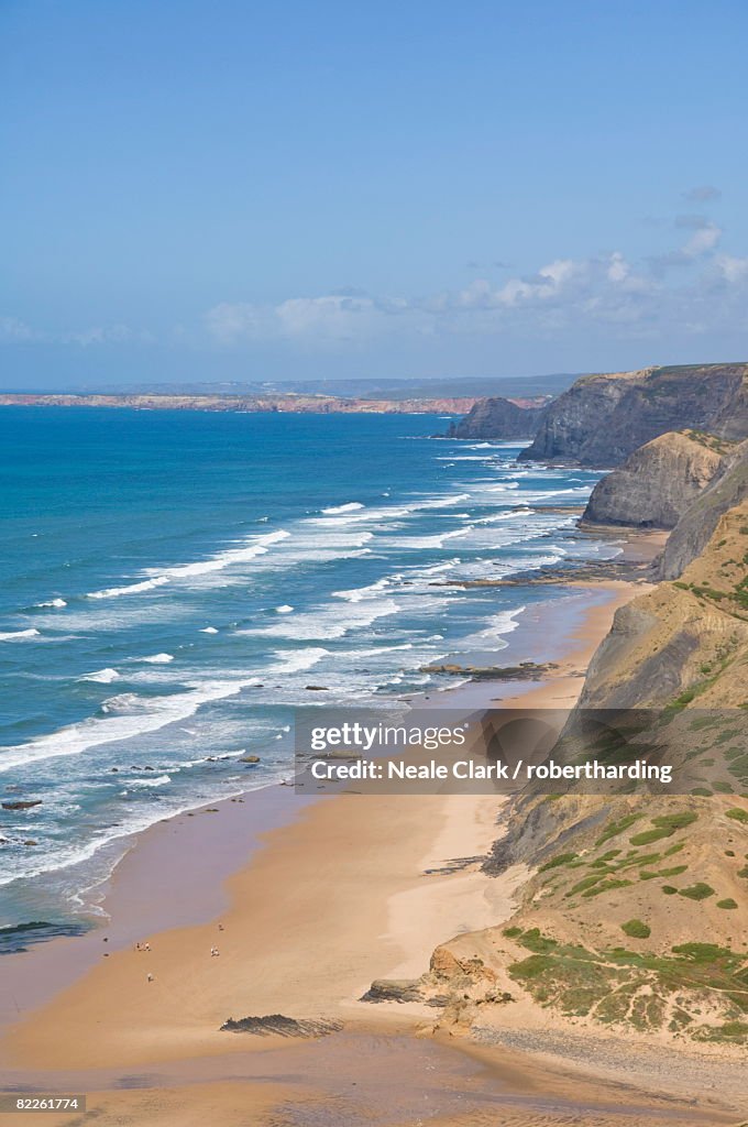 View along the south west coast of Portugal, Costa Vincentina, Praia do Castelejo and Cordama beaches from the clifftop above Vila do Bispo, Algarve, Portugal, Europe