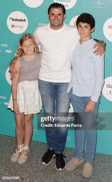 Emiliano Suarez and sons attend the 'Zucchero' photocall at Royal Theatre on July 25, 2017 in Madrid, Spain.