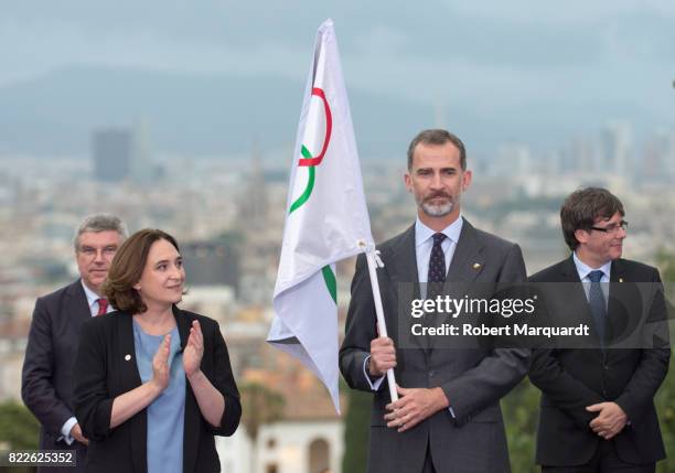 Thomas Bach, Ada Colau, King Felipe VI of Spain and Carles Puigdemont attend the 25th anniversary of the Barcelona Olympics at the Palacete Albeniz...