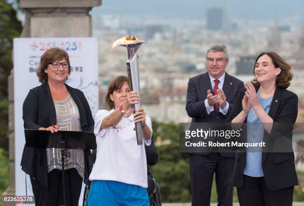 Elisabeth Maragall , Thomas Bach and Ada Colau attend the 25th anniversary of the Barcelona Olympics at the Palacete Albeniz on July 25, 2017 in...