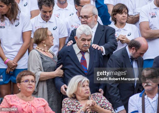 Diana Garrigosa and Pasqual Maragall attend the 25th anniversary of the Barcelona Olympics at the Palacete Albeniz on July 25, 2017 in Barcelona,...