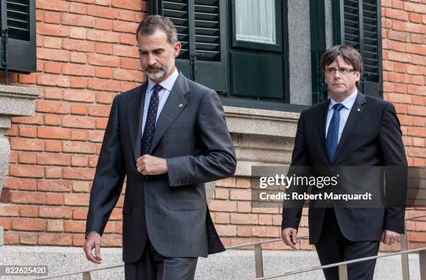 King Felipe VI of Spain and President of Catalunya Carles Puigdemont attend the 25th anniversary of the Barcelona Olympics at the Palacete Albeniz on...