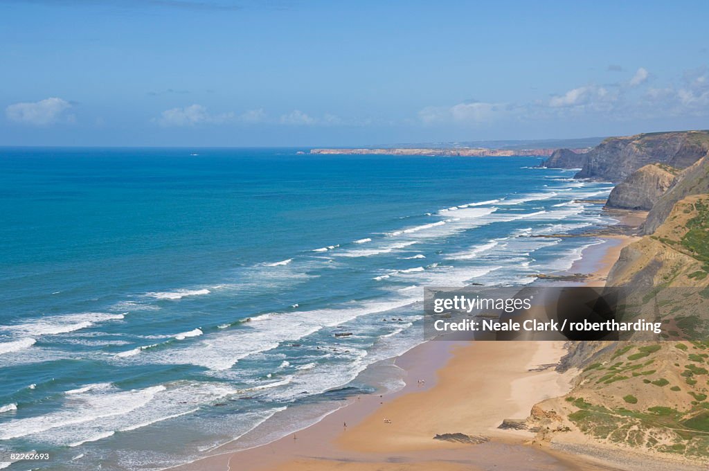 View along the south west coast of Portugal, Costa Vincentina, Praia do Castelejo and Cordama beaches from the clifftop above Vila do Bispo, Algarve, Portugal, Europe