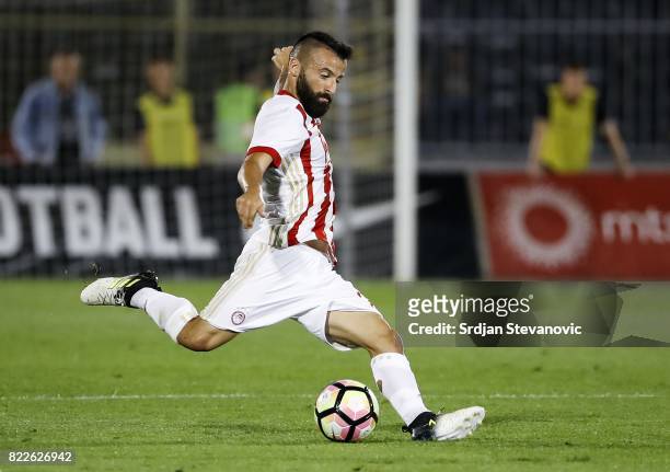 Manolis Siopis of Olympiacos in action during the UEFA Champions League Qualifying match between FC Partizan and Olympiacos on July 25, 2017 in...