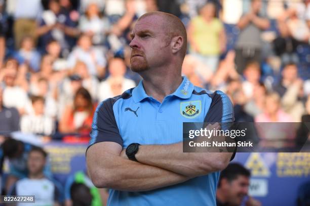 Manager Sean Dyche of Burnley looks on during the pre season friendly match between Preston North End and Burnley at Deepdale on July 25, 2017 in...