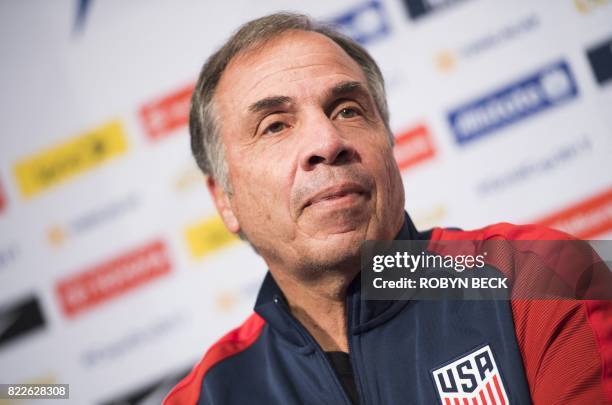 National coach coach Bruce Arena speaks at a press conference ahead of the CONCACAF Gold Cup Final against Jamaica, July 26, 2017 at Levi Stadium in...