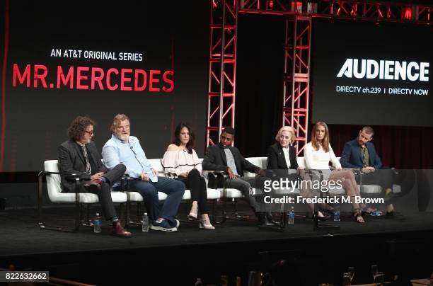Director Jack Bender, Brendan Gleeson, Mary-Louise Parker, Jharrel Jerome, Kelly Lynch and Harry Treadaway of 'Mr. Mercedes' speak onstage during the...
