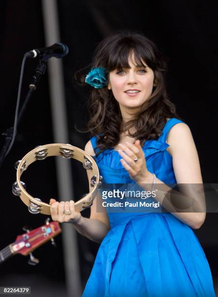 Zooey Deschanel of She and Him performs during the 2008 Virgin Mobile festival at the Pimlico Race Course on August 10, 2008 in Baltimore, Maryland.