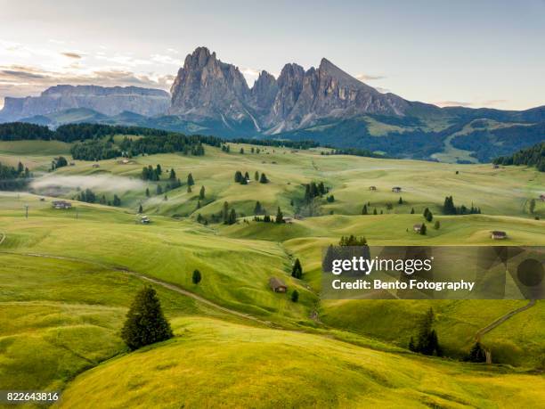 landscape of alpe di siusi on summer from drone - alto adige italy stock pictures, royalty-free photos & images