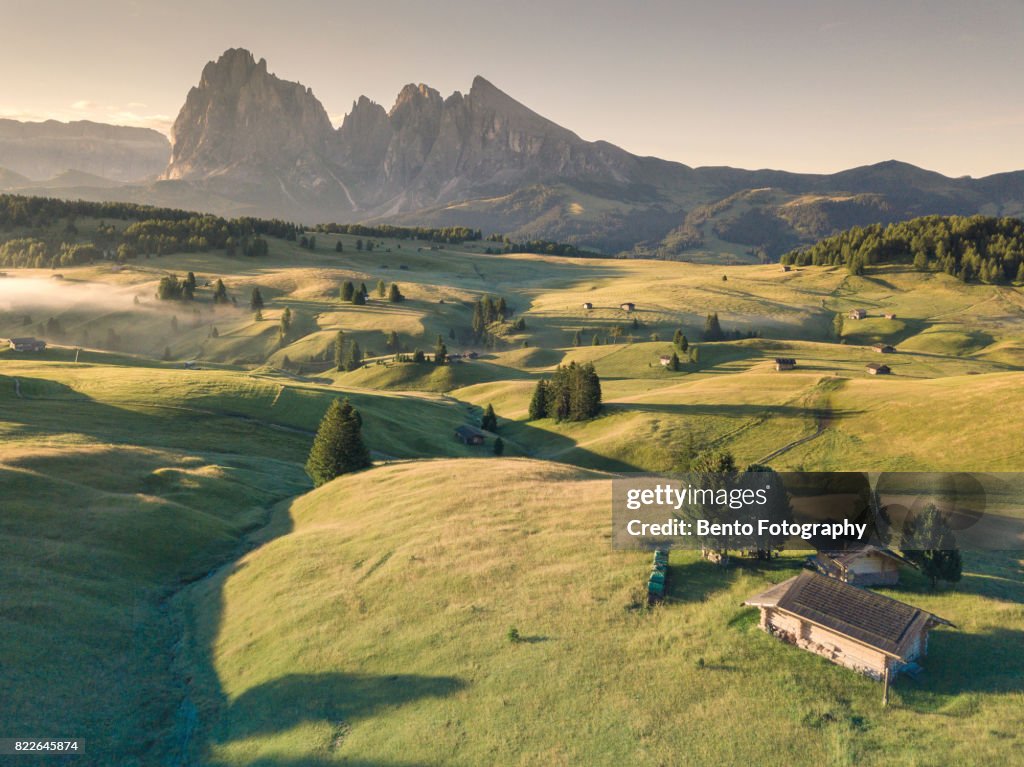 Aerial view of Alpe di Siusi in sunrise, Italy