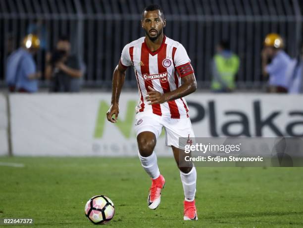 Malaixys Romao of Olympiacos in action during the UEFA Champions League Qualifying match between FC Partizan and Olympiacos on July 25, 2017 in...