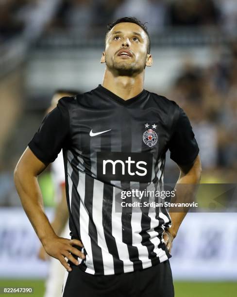 Leonardo of Partizan reacts during the UEFA Champions League Qualifying match between FC Partizan and Olympiacos on July 25, 2017 in Belgrade, Serbia.