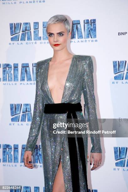 Cara Delevingne attends Valerian and the City of a Thousand Planets Paris Premiere at La Cite Du Cinema on July 25, 2017 in Saint-Denis, France.