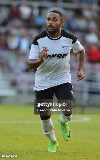 Ikechi Anya of Derby County in action during the Pre-Season Friendly match between Northampton Town and Derby County at Sixfields on July 25, 2017 in...