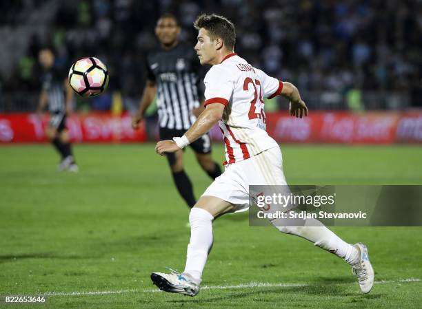 Leonardo Koutris of Olympiacos in action during the UEFA Champions League Qualifying match between FC Partizan and Olympiacos on July 25, 2017 in...