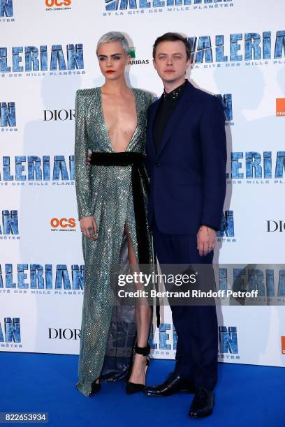 Cara Delevingne and Dane DeHaan attend "Valerian and the City of a Thousand Planets" Paris Premiere at La Cite Du Cinema on July 25, 2017 in...