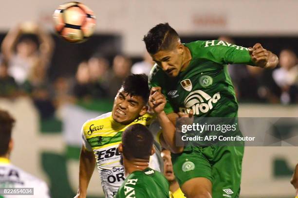 Tulio de Melo of Brazil's Chapecoense, heads the ball to score against Argentina's Defensa y Justicia, during their 2017 Copa Sudamericana football...