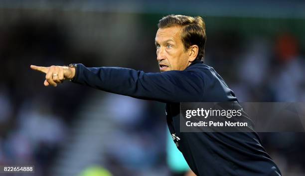Northampton Town manager Justin Edinburgh gives instructions during the Pre-Season Friendly match between Northampton Town and Derby County at...