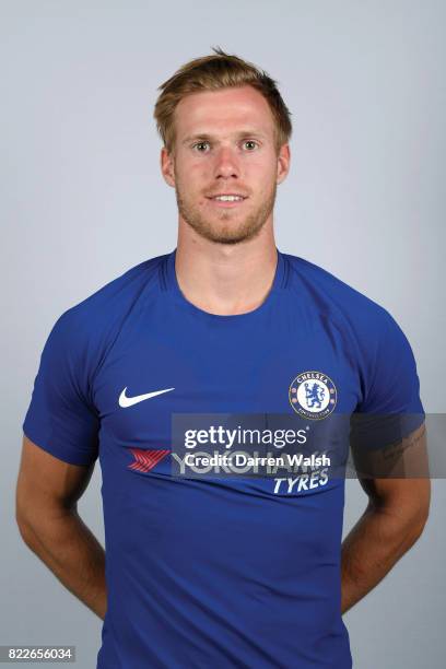 Tomas Kalas of Chelsea poses during the photocell at Chelsea Training Ground on July 3, 2017 in Cobham, England.