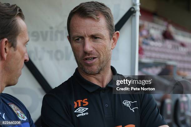 Derby County manager Gary Rowett looks on prior to the Pre-Season Friendly match between Northampton Town and Derby County at Sixfields on July 25,...