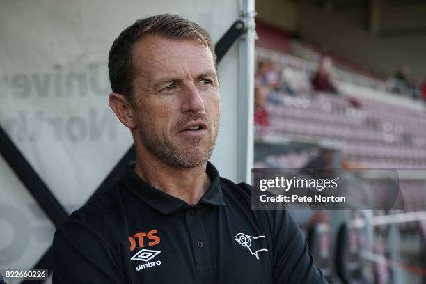 Derby County manager Gary Rowett looks on prior to the Pre-Season Friendly match between Northampton Town and Derby County at Sixfields on July 25,...