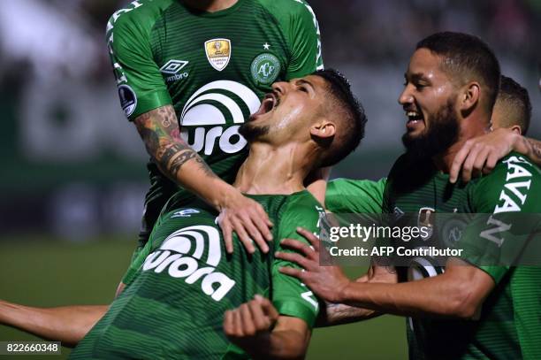 Tulio de Melo of Brazil's Chapecoense, celebrates with teammates after scoring against Argentina's Defensa y Justicia during their Copa Sudamericana...