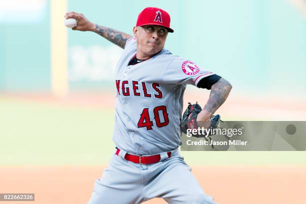 Starter Jesse Chavez of the Los Angeles Angels of Anaheim pitches during the first inning against the Cleveland Indians at Progressive Field on July...