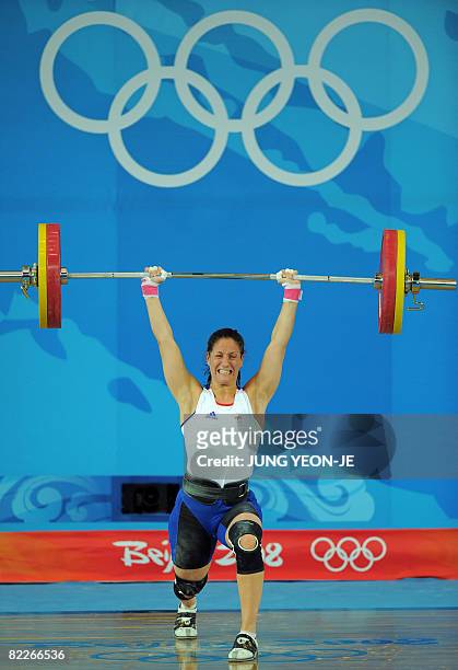 Michaela Breeze of Britain competes in the women's 63 kg group B weightlifting event during the 2008 Beijing Olympic Games on August 12, 2008. AFP...