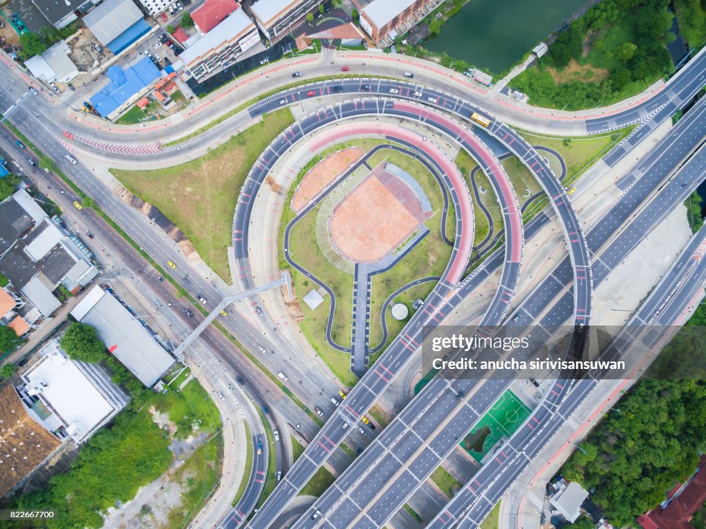 Interchange Highway traffic beautiful , Bird Eye View in bangkok , top view , Bangkok , Thailand .