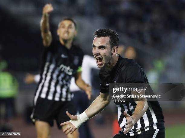 Marko Jankovic and Miroslav Vulicevic of Partizan react during the UEFA Champions League Qualifying match between FC Partizan and Olympiacos on July...