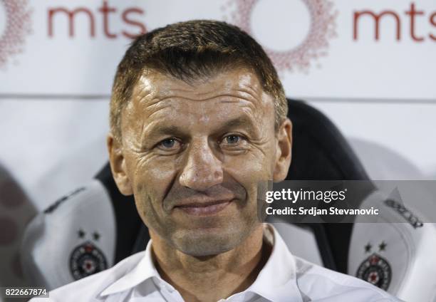 Head coach Miroslav Djukic looks on prior the UEFA Champions League Qualifying match between FC Partizan and Olympiacos on July 25, 2017 in Belgrade,...