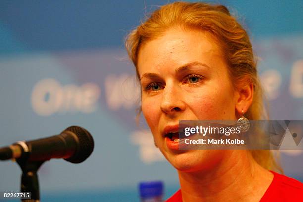 Sarah Hammer of the United States addresses the media at a press conference on Day 4 of the Beijing 2008 Olympic Games on August 12, 2008 in Beijing,...