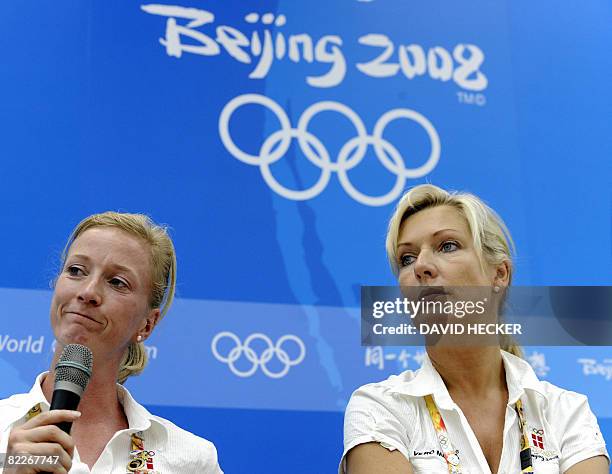 Nathalie Zu Sayn-Wittgenstein and Anne van Olst listen to a question during a press conference by Danish riders in Hong Kong on August 12, 2008 ahead...