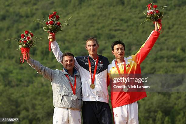 Silver medal winner Francesco D'Aniello of Italy, gold medal winner Walton Glenn Eller of the United States and bronze medal winner Hu Binyuan of...