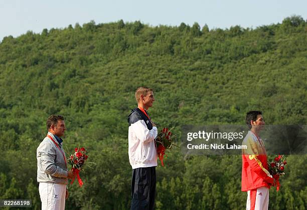 Silver medal winner Francesco D'Aniello of Italy, gold medal winner Walton Glenn Eller of the United States and bronze medal winner Hu Binyuan of...