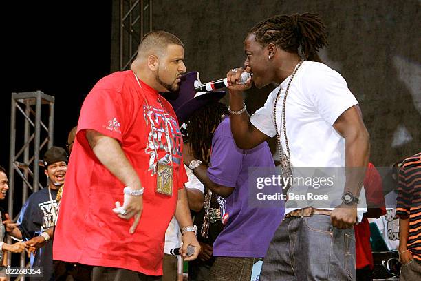 Rappers DJ Khaled and Ace Hood perform during the 3rd Annual Ozone Awards on August 11, 2008 in Houston, Texas.