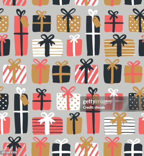 christmas gift boxes seamless pattern - december birthday stock illustrations