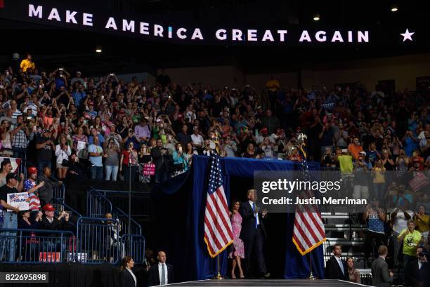 President Donald Trump arrives with first lady Melania Trump for a rally at the Covelli Centre on July 25, 2017 in Youngstown, Ohio. The rally...