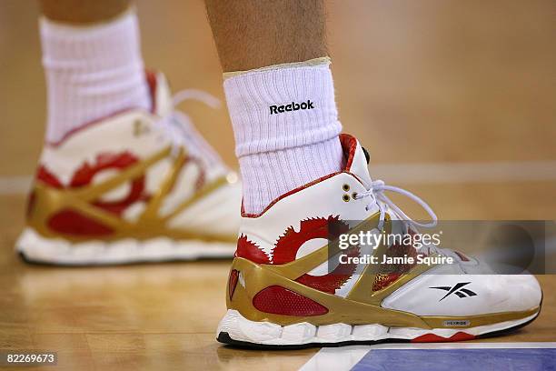Detailed shot of the Reebok shoes worn by Yao Ming of China during the men's preliminary round basketball game against Spain at the Beijing Olympic...