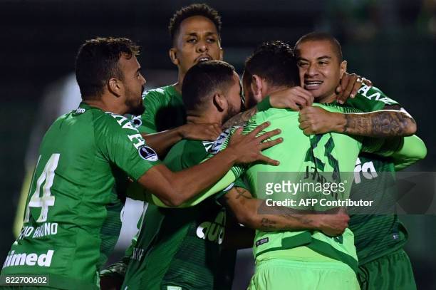 Players of Brazil's Chapecoense celebrate after defeating Argentina's Defensa y Justicia in a penalty shoot-out during their Copa Sudamericana...